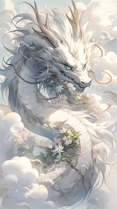 A White Dragon Is Flying Through The Air With Clouds In Front Of It And