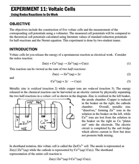 Solved 1 Experiment 11 Voltaic Cells Using Redox