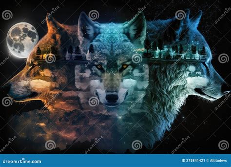 Triple Exposure Of Wolf Night Sky And Full Moon Stock Image Image