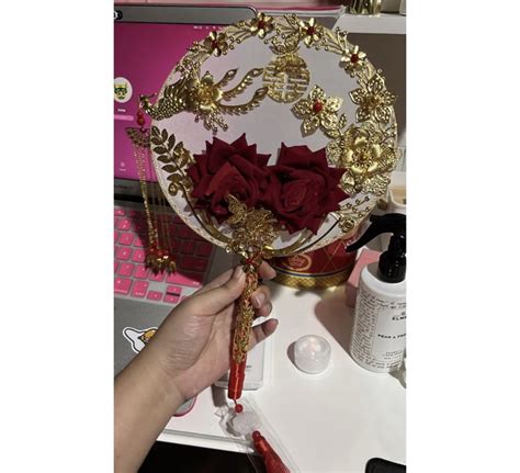 Kipas Sangjit Fan Gold Flower Emas Bunga Seserahan Shuangxi Fesyen