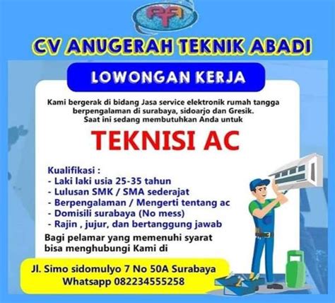 Lowongan Kerja Teknisi Ac Di Cv Anugrah Teknik Abadi Atmago