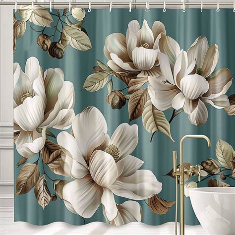 Teal And White Floral Shower Curtain With Large Magnolia Blossoms