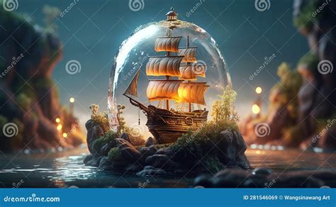 Ocean in a Bottle: a Miniature Pirate Ship Generative AI Stock ...