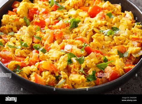 Perfect Egg Bhurji Spiced Indian Scrambled Eggs Closeup In The Plate On