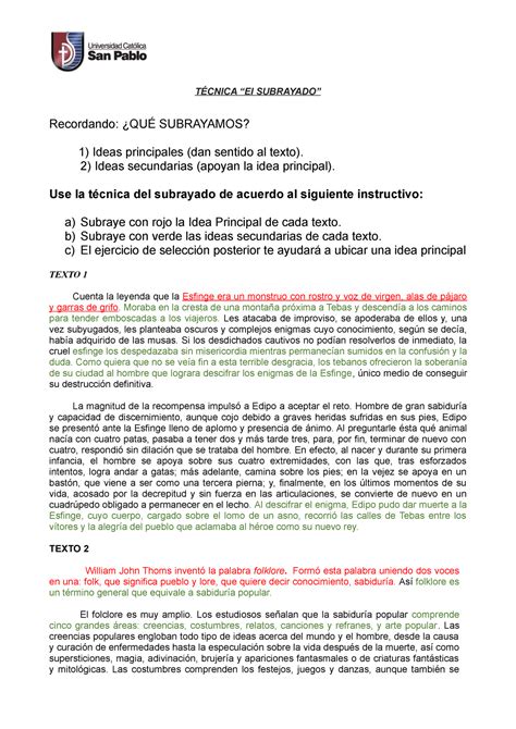 Sesion 1 El Subrayado TÉcnica “el Subrayado” Recordando ¿quÉ Subrayamos 1 Ideas Principales