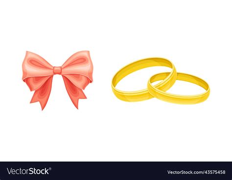 Wedding symbols set silk bow and golden rings Vector Image