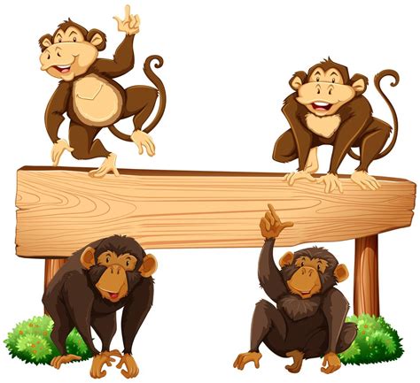 Four monkeys and wooden sign 292760 Vector Art at Vecteezy