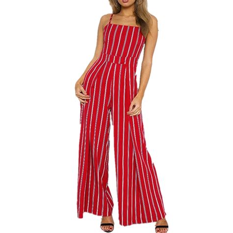 2018 Red Summer Jumpsuits Strapless Striped Stitching Printed Wide Legs