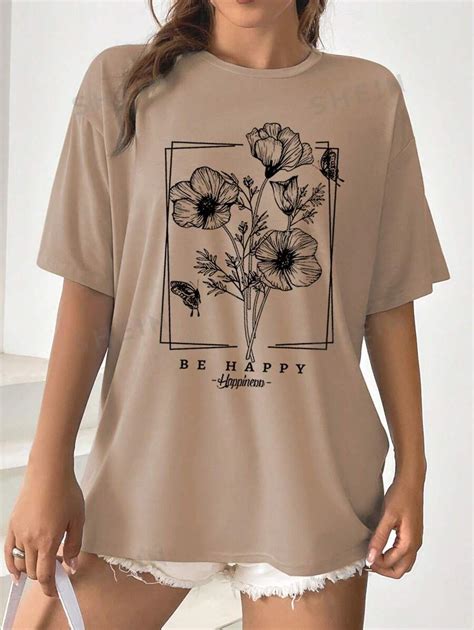 Shein Ezwear Camiseta De Hombros Ca Dos Con Estampado Floral Con Letra