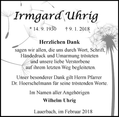 Traueranzeigen Von Irmgard Uhrig Vrm Trauer De