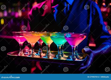 Waiter Holding A Tray With Glowing Colourful Cocktails Alcoholic