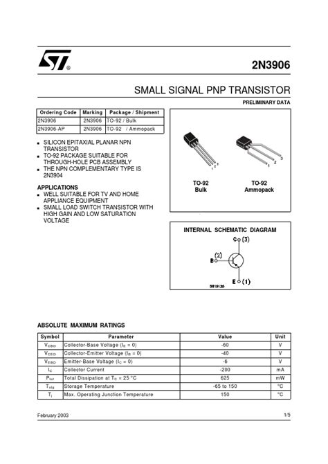 2N3906 STMicroelectronics TRANSISTOR Hoja de datos Ficha técnica