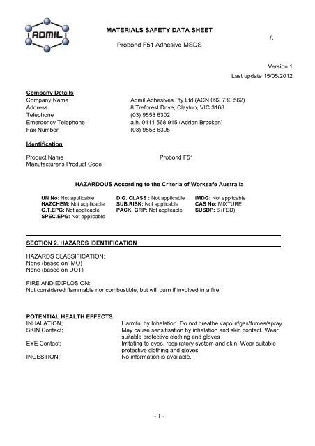 MATERIALS SAFETY DATA SHEET 1 Probond Admil Adhesives