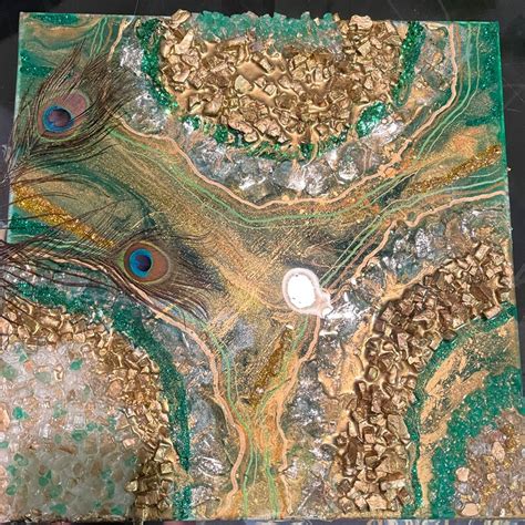 14 X 14 Greens And Golds Geode Crystal Epoxy Resin Pour Wall Etsy