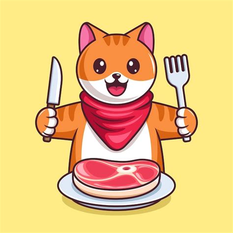 Gato Bonito Com Talheres Come Um Pedaço De Ilustração De Desenho Animado De Carne Vetor Premium