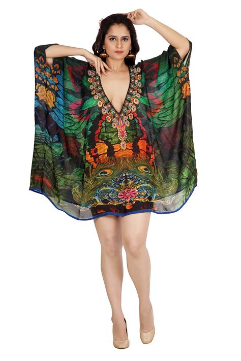 Silk Kaftan Deep Neck Caftan Short Unique Peacock Print Kaftan Feather Print Kaftan Dress For