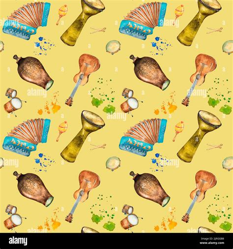 Hispanic musical instruments and watercolor splash seamless pattern on ...