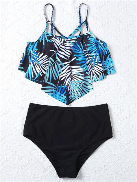 Shein Swim Classy Tropical Print Hanky Hem High Waisted Bikini Swimsuit