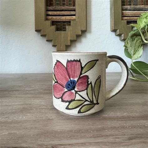 Handpainted Vintage Speckled Flower Mug Japanese Stoneware Otagiri