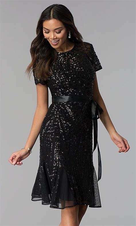 Knee Length Sequin Mesh Short Sleeve Mob Dress Dresses Knee Length