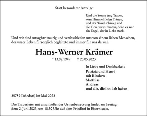 Traueranzeigen von Hans Werner Krämer vrm trauer de