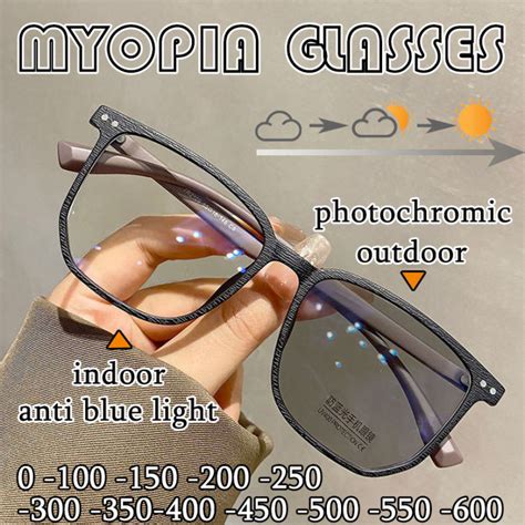 New Square Full Frame Photochromic Myopia Glasses For Women Retro Wood