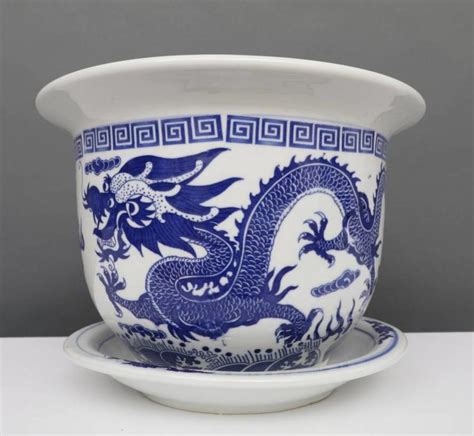 China Porzellan Blumentopf Blau Weiß mit Drachenmotiv Ø 24cm Yajutang