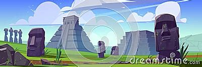 Ancient Moai Statues And Mayan Pyramids Vector Illustration