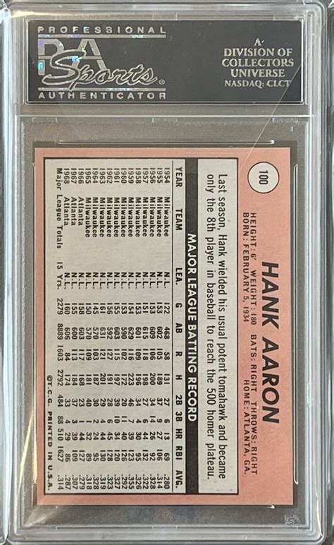 1969 Topps Hank Aaron 100 PSA 8 OC Near Mint Mint Braves EBay