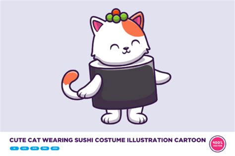 Cute Cat Wearing Sushi Costume Cartoon Graphic By Catalyststuff