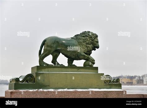 The Bronze Lion At Dvortsovaya Pier Of The Admiralty Embankment Neva