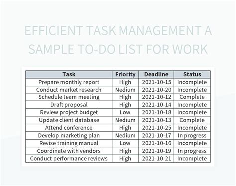 Efficient Task Management A Sample To Do List For Work Excel Template