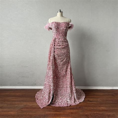 Prom Dress Mermaid With Feathers Dusty Rose Sequin Etsy