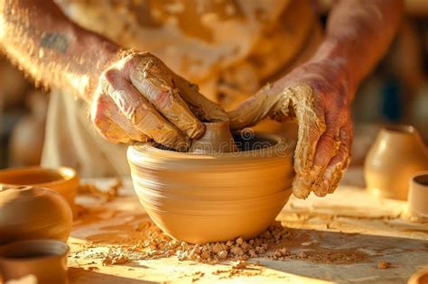 Artisan Potter Shaping Clay On Potter S Wheel In Workshop Handmade