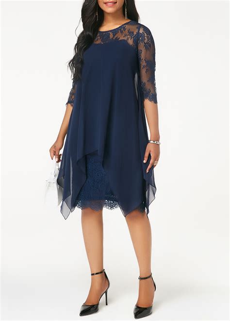 Chiffon Overlay Navy Blue Three Quarter Sleeve Lace Dress Rosewe