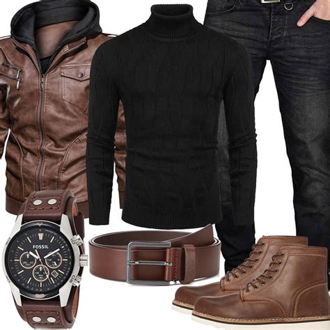 Braun Schwarzes Herrenoutfit Mit Lederjacke Pullover Und Jeans