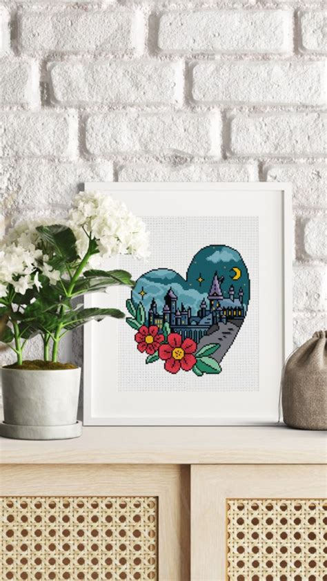 Cozy Hogwarts Cross Stitch Pattern Pdf Heart With Castle Cross