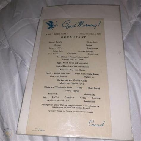 RMS Queen Mary Breakfast Menu 1959 Cunard | #3918489543