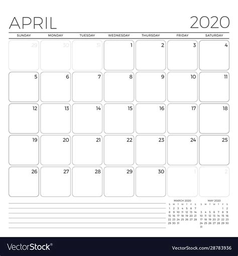 April 2020 monthly calendar planner template Vector Image