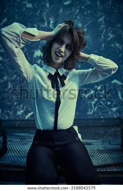 Halloween Portrait Scary Ghost Girl Sitting Stock Photo 2188042579