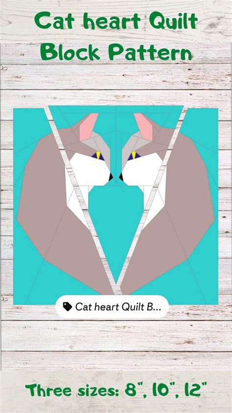 Cat heart Quilt Block PDF Pattern. Paper Piecing