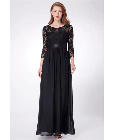 Elegant Black Long Chiffon Evening Dress With Lace Sleeves