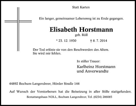 Traueranzeigen Von Elisabeth Horstmann Trauer In Nrw De