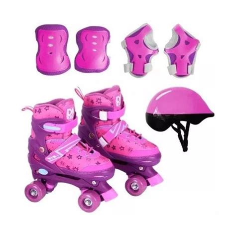 Patins Roller Ajust Vel Rosa Roxo Kit Prot Completo Dm Dm