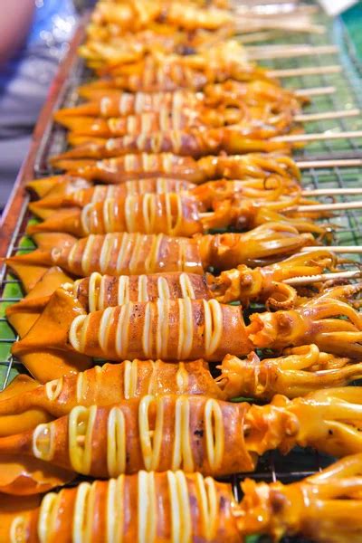 Grilled Squid Grate Street Food Bangkok Thailand Stock Photo