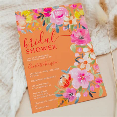 Bohemian Floral Watercolor Orange Bridal Shower Invitation Zazzle