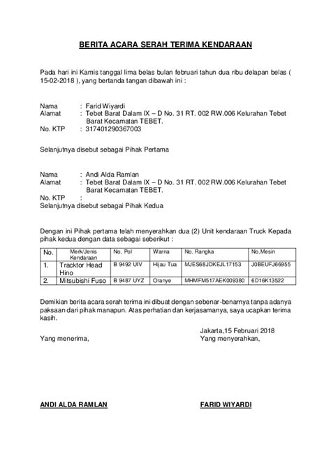 Detail Contoh Surat Serah Terima Mobil Koleksi Nomer