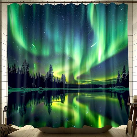 Northern Lights Shower Curtain Stunning Aurora Borealis Lake Forest