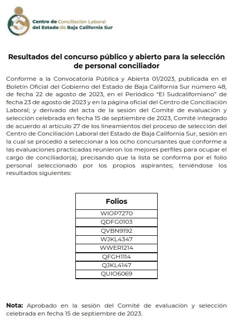 Convocatoria Centro De Conciliacion Laboral BCS