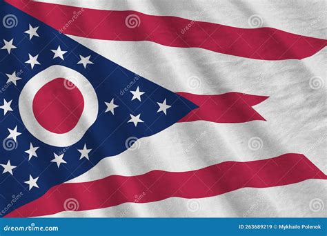 Ohio Us State Flag With Big Folds Waving Close Up Under The Studio